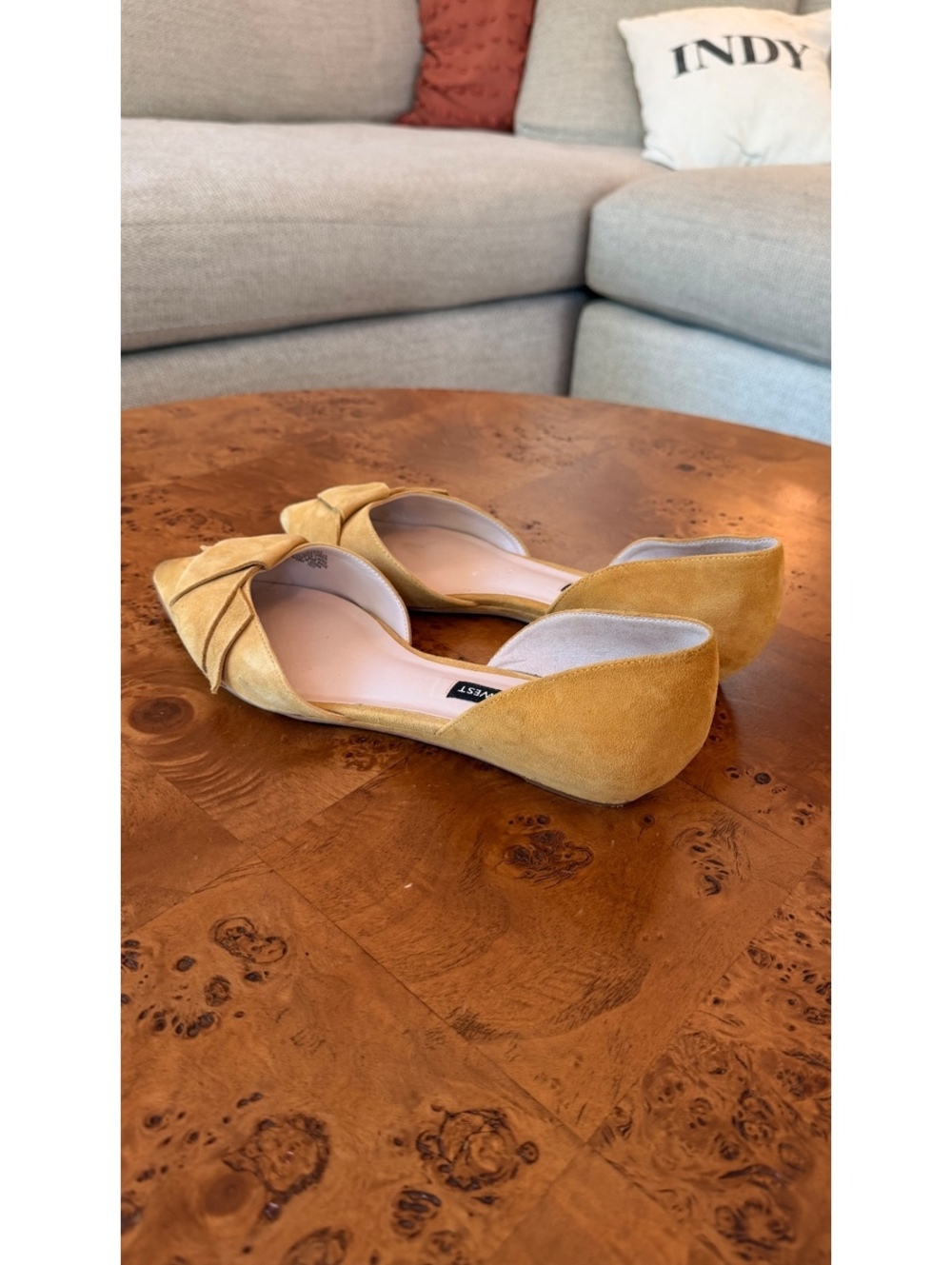 Nine West Mustard Suede Pointed Toe Flats with Bow Detail - Picture 6 of 7